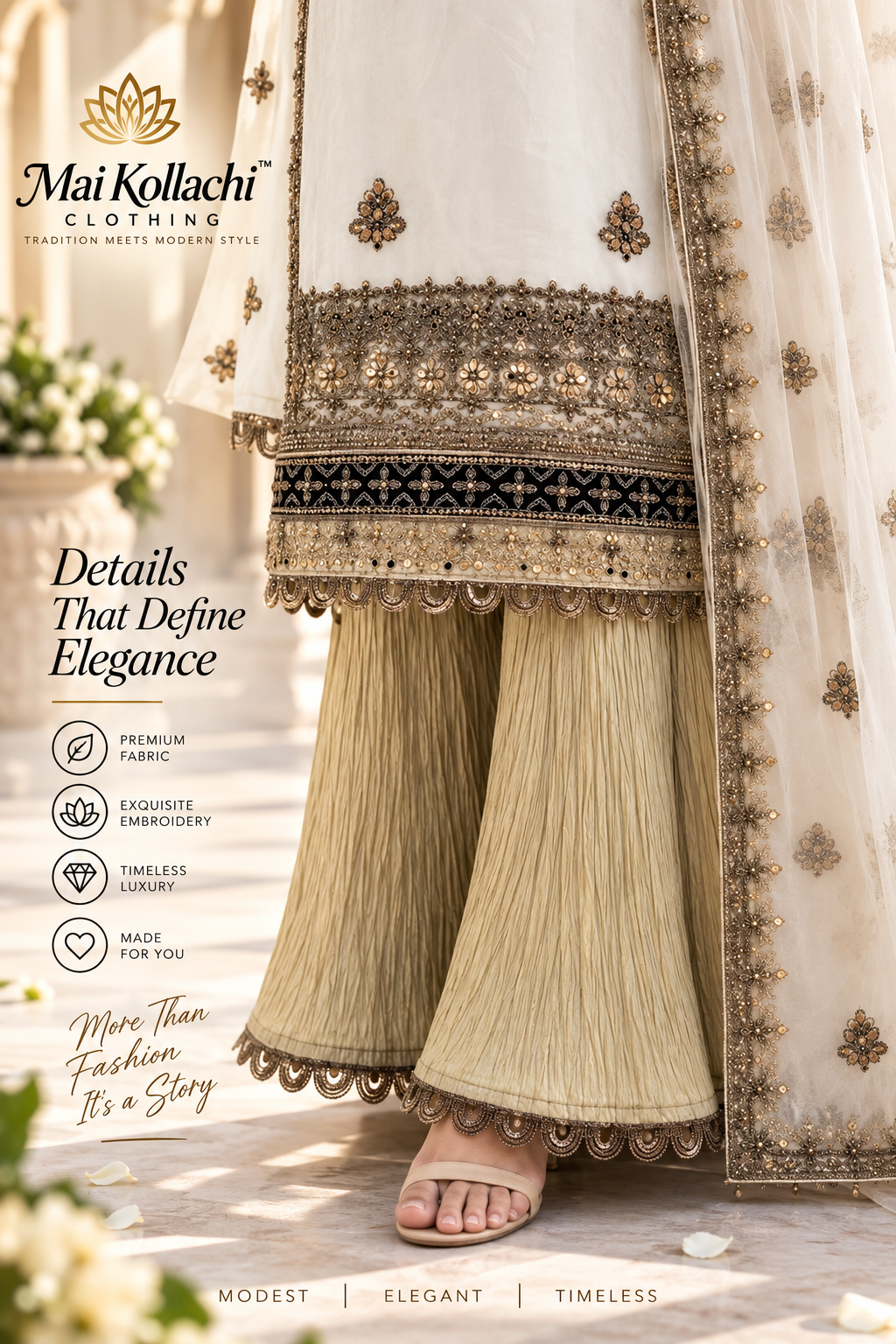 Pearl white Pakistani suit with crushed silk palazzo and chiffon dupatta
