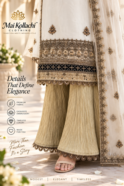 Pearl white Pakistani suit with crushed silk palazzo and chiffon dupatta