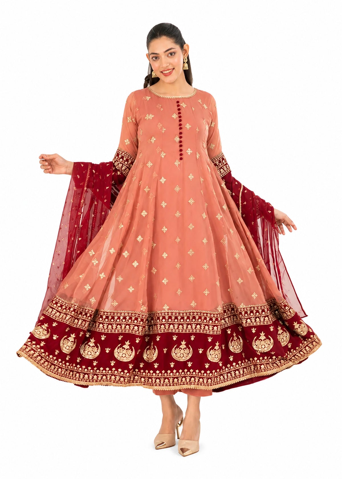 Coral pink embroidered Anarkali 3 piece Pakistani suit with red and gold border by Mai Kollachi