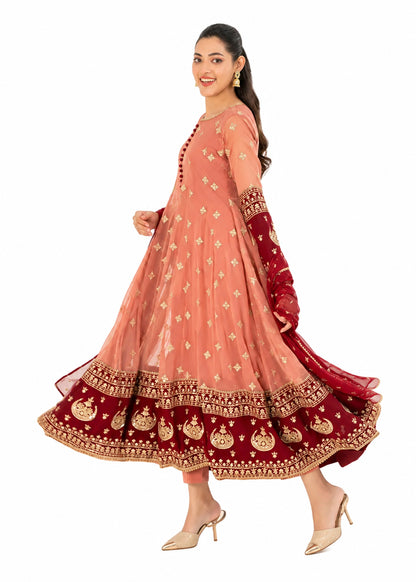 Coral pink embroidered Anarkali 3 piece Pakistani suit with red and gold border by Mai Kollachi