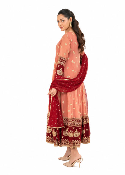 Coral pink embroidered Anarkali 3 piece Pakistani suit with red and gold border by Mai Kollachi