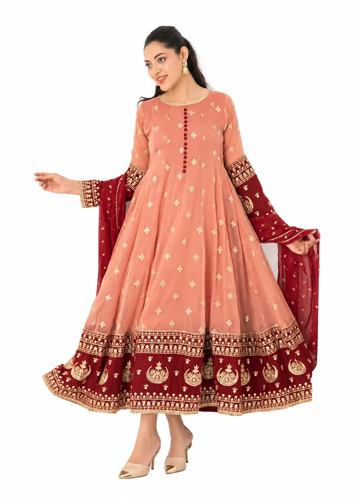 Coral pink embroidered Anarkali 3 piece Pakistani suit with red and gold border by Mai Kollachi