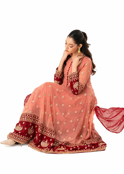 Coral pink embroidered Anarkali 3 piece Pakistani suit with red and gold border by Mai Kollachi