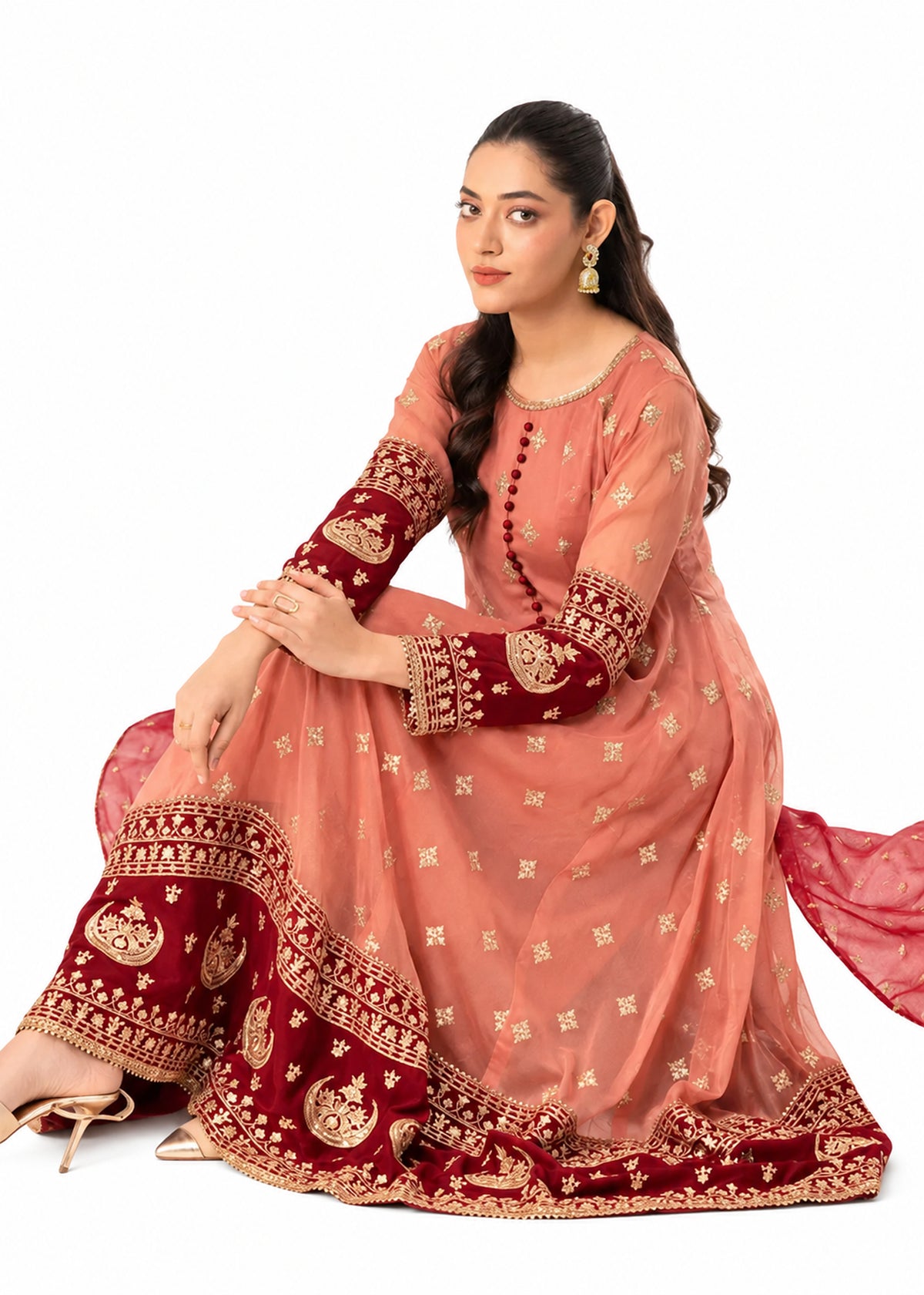 Coral pink embroidered Anarkali 3 piece Pakistani suit with red and gold border by Mai Kollachi