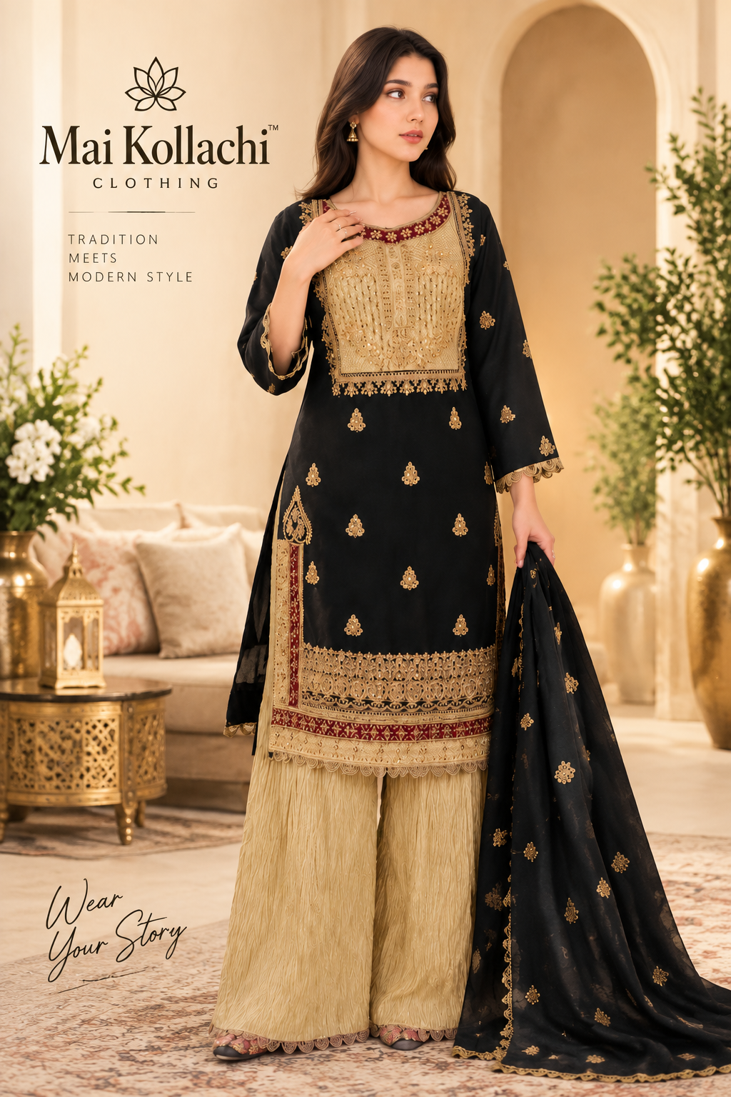 Black and gold embroidered 3 piece Pakistani suit by Mai Kollachi