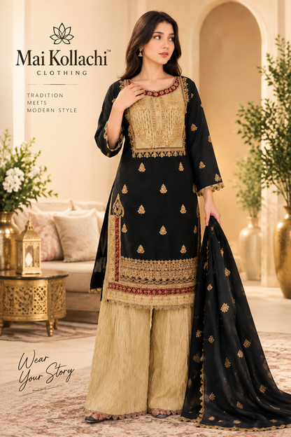 Black and gold embroidered 3 piece Pakistani suit by Mai Kollachi