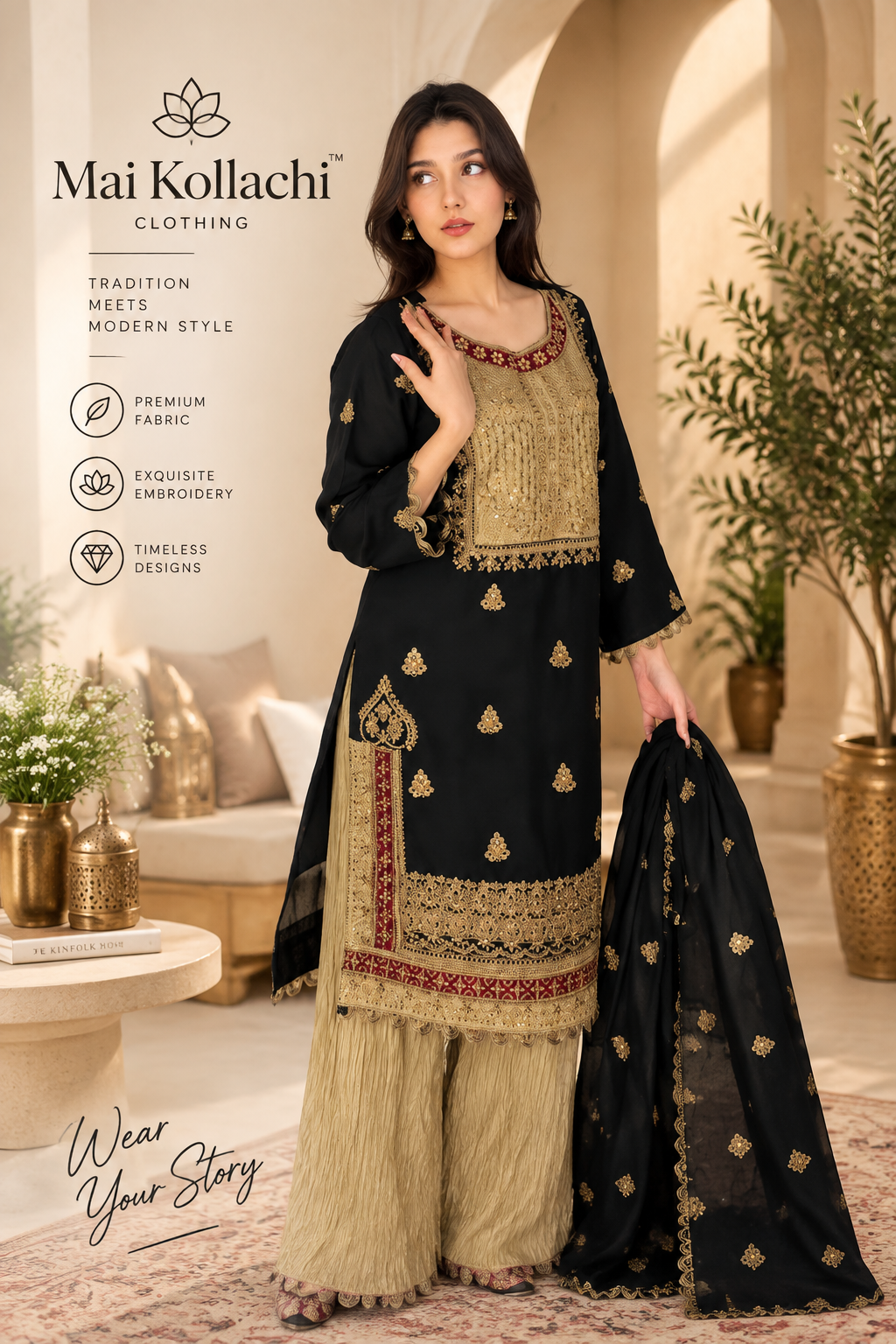 Women's black Pakistani suit with luxury gold embroidery