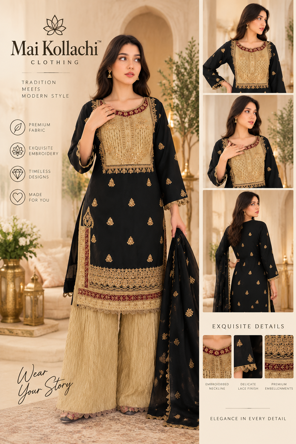 Mai Kollachi black gold 3 piece suit for Eid and weddings