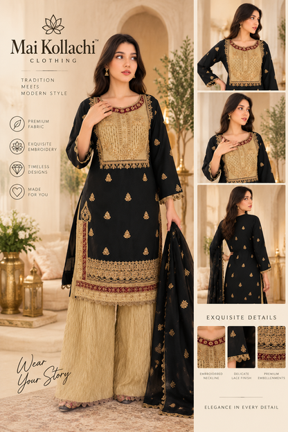 Mai Kollachi black gold 3 piece suit for Eid and weddings