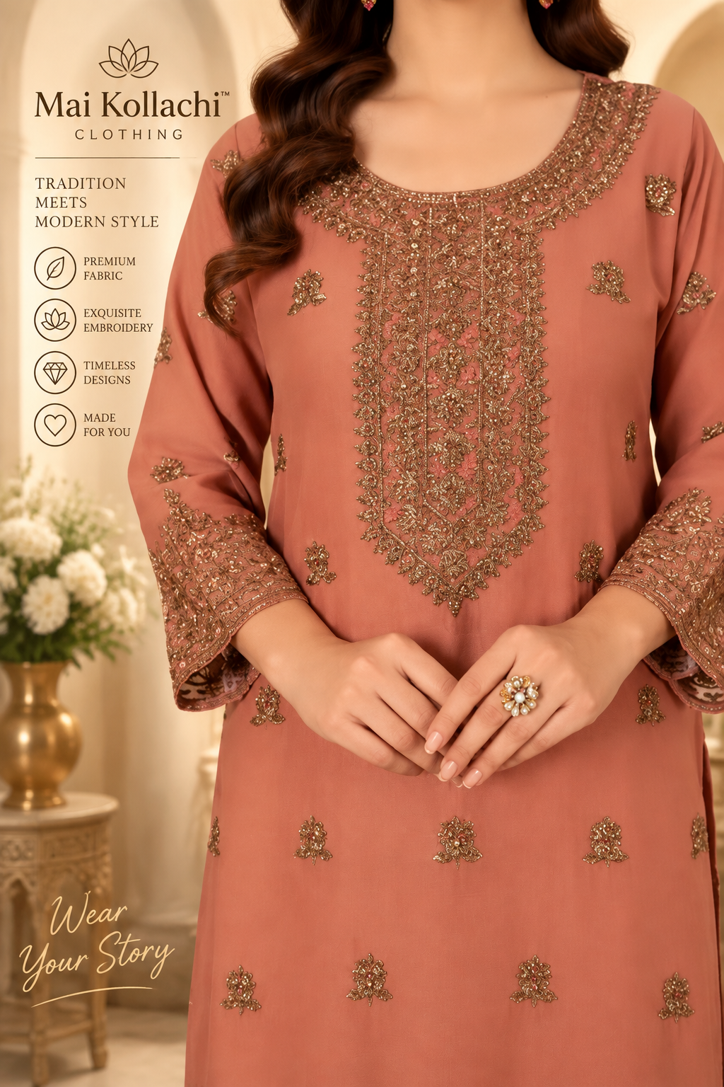 Women's Dusty Salmon Pakistani suit with embroidered shirt and dupatta