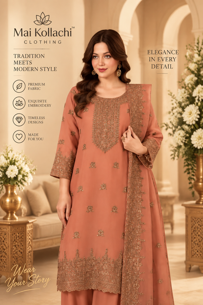 Dusty Salmon embroidered Pakistani party wear 3 piece outfit