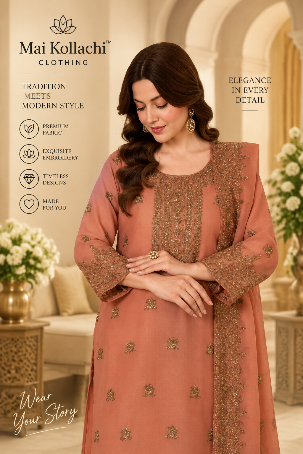 Mai Kollachi peach embroidered suit for Eid and weddings