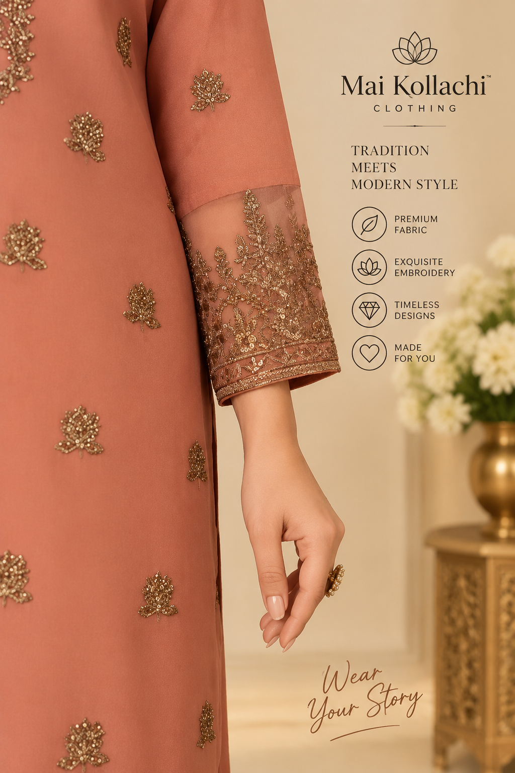 Close-up of Dusty Salmon Pakistani suit embroidery and detailing