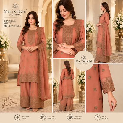 Full view of Dusty Salmon embroidered 3 piece Pakistani outfit