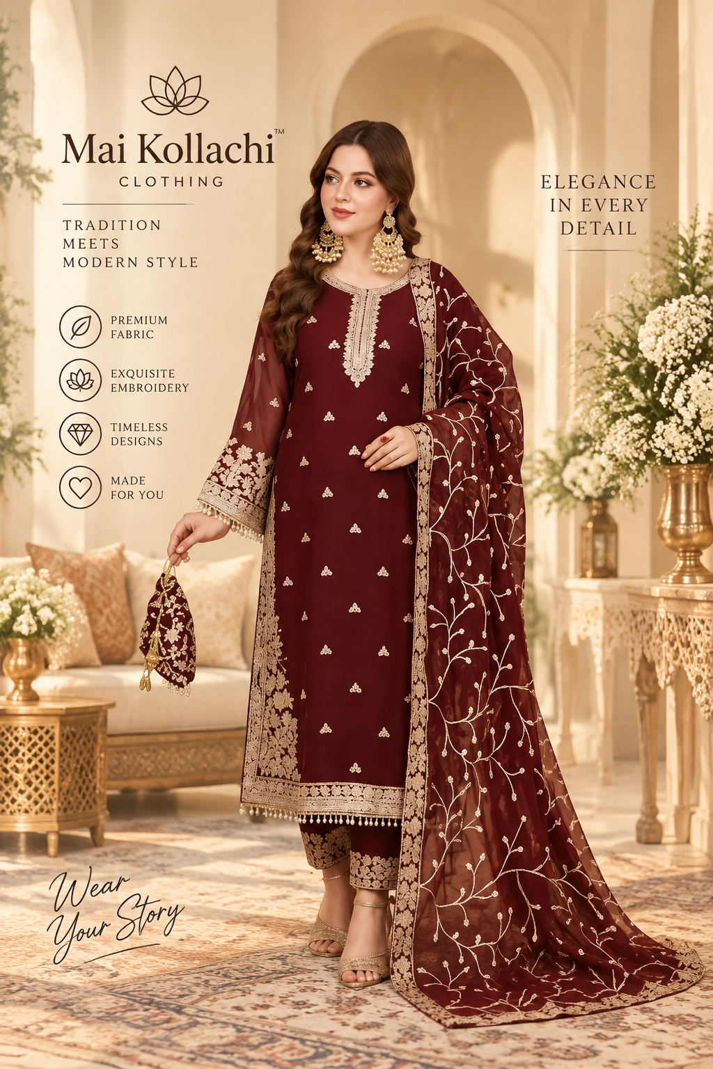 Deep maroon and gold embroidered 3 piece Pakistani suit by Mai Kollachi
