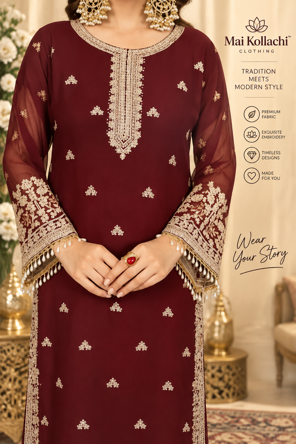 Women's maroon Pakistani suit with gold embroidered neckline