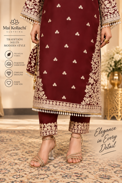 Deep maroon embroidered kameez with geometric butti detailing