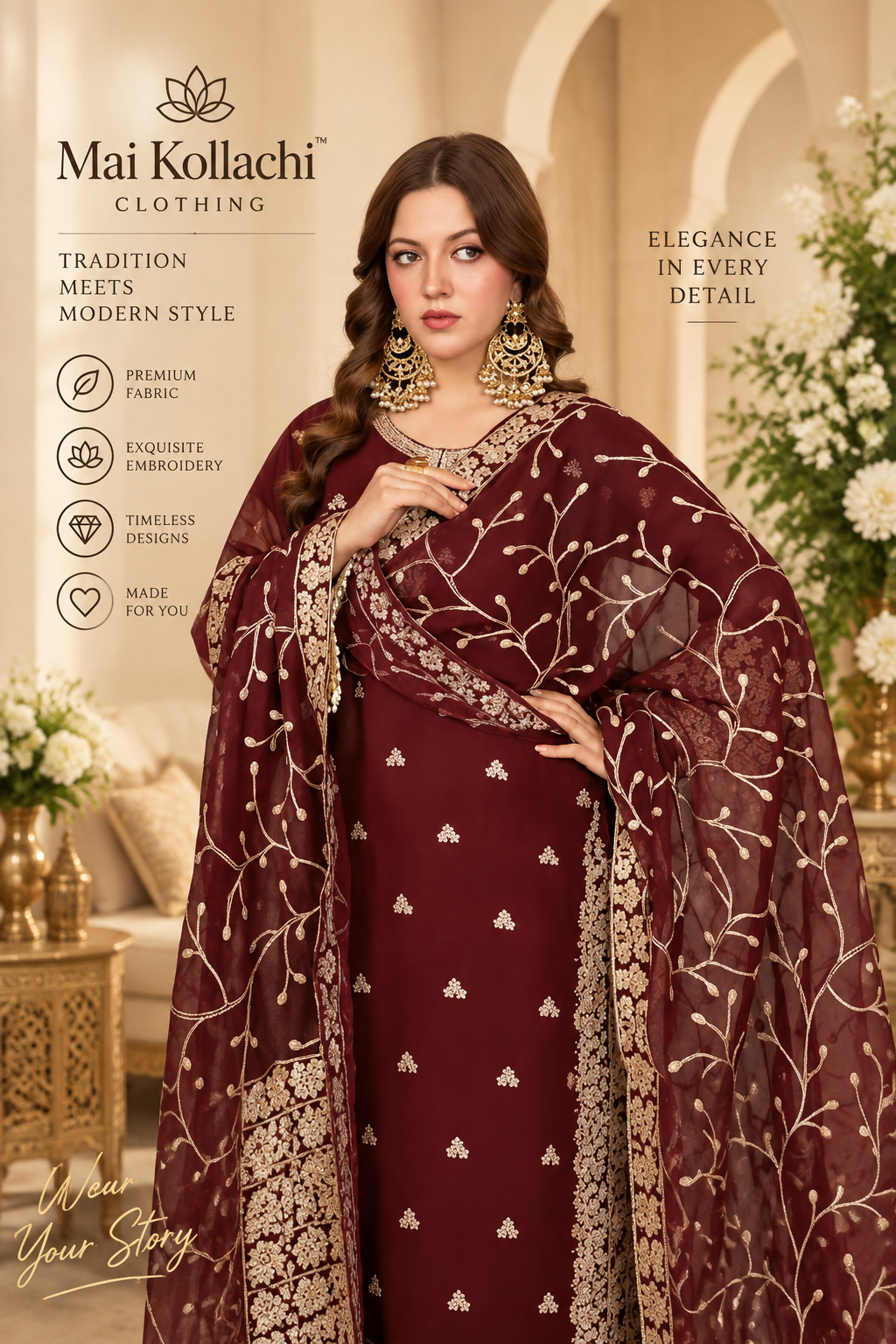 Deep maroon dupatta with elegant floral vine embroidery