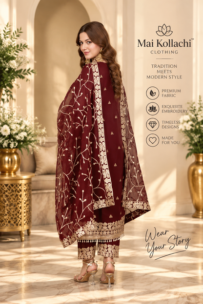 Maroon and gold Pakistani 3 piece suit for Eid and weddings