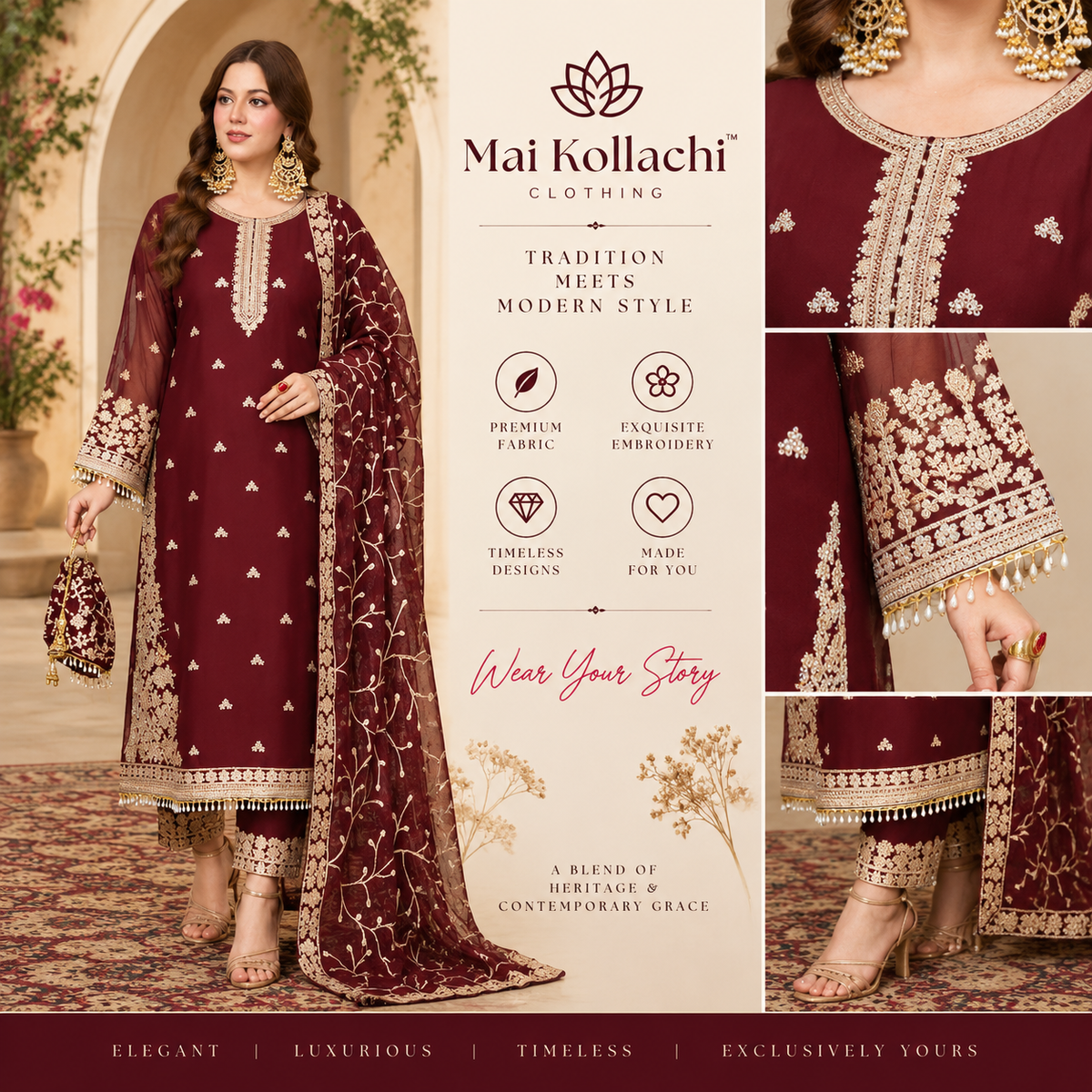 Premium maroon gold embroidered 3 piece Pakistani suit for festive occasions