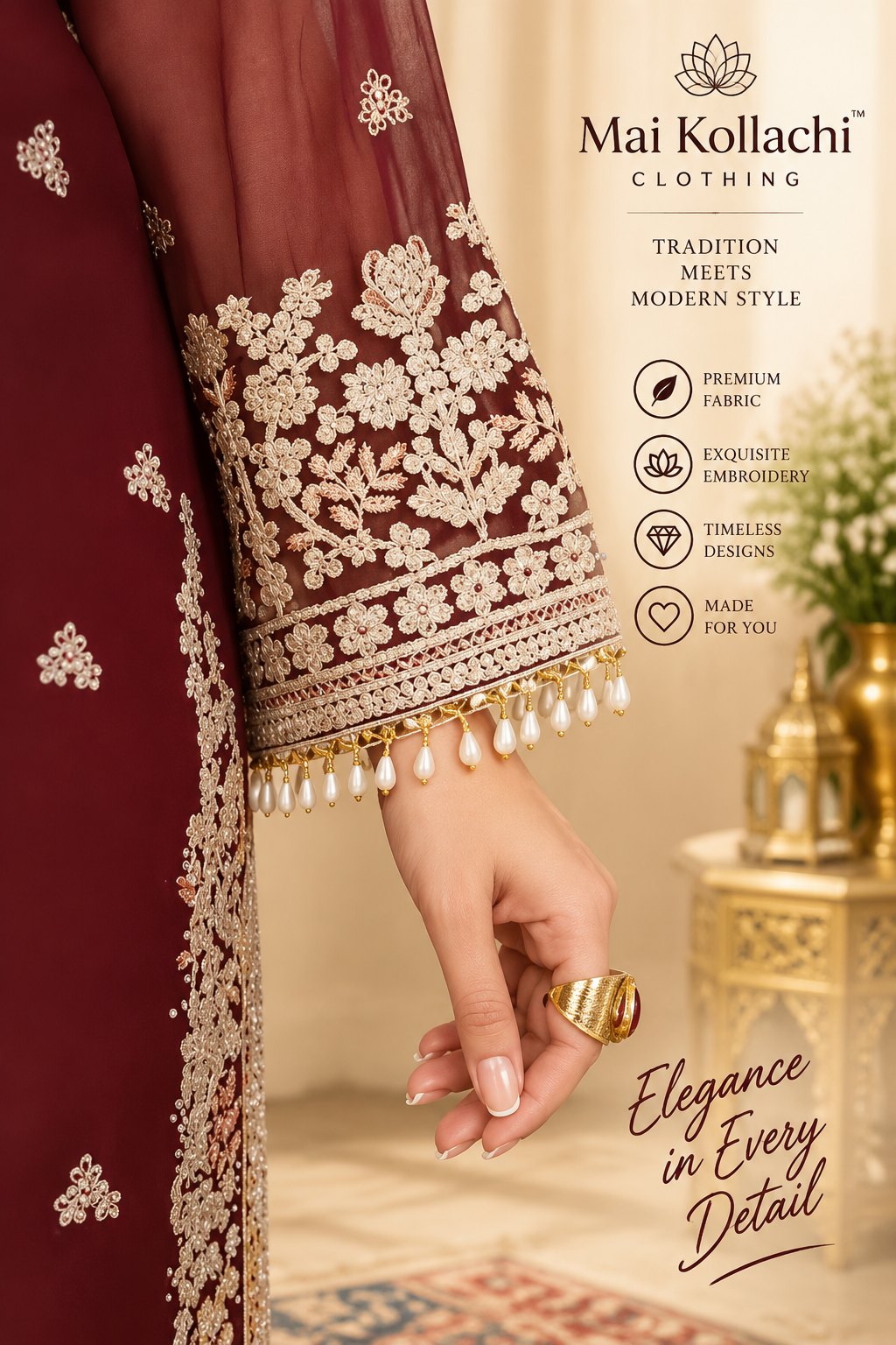 Maroon Pakistani trousers with gold embroidered ankle border