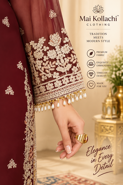 Maroon Pakistani trousers with gold embroidered ankle border