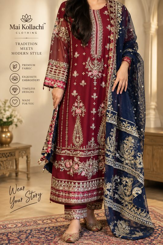 Ruby red and navy blue embroidered 3 piece Pakistani suit by Mai Kollachi