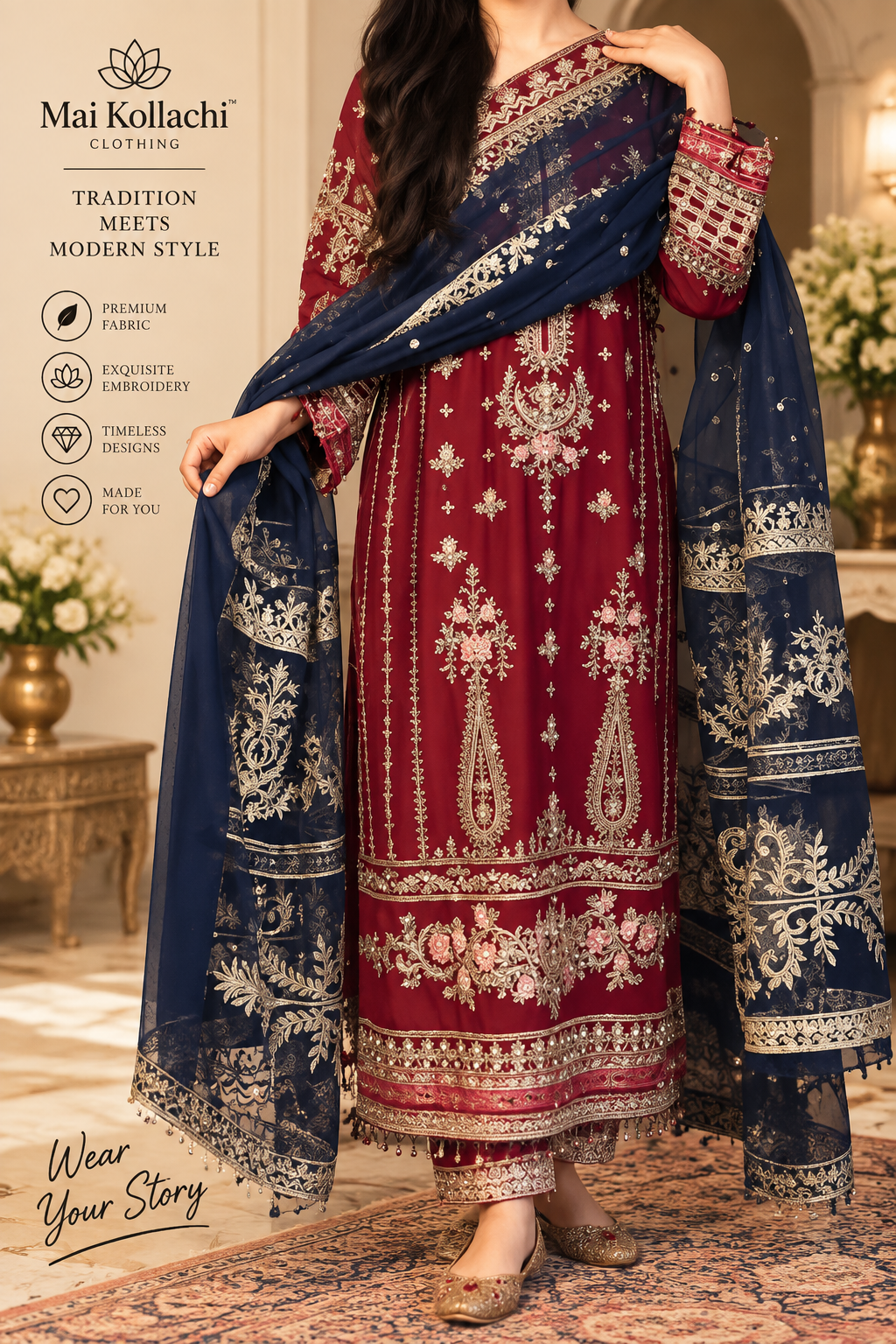 Ruby red Pakistani kameez with navy blue embroidered dupatta