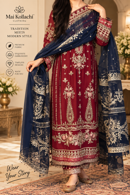Ruby red Pakistani kameez with navy blue embroidered dupatta