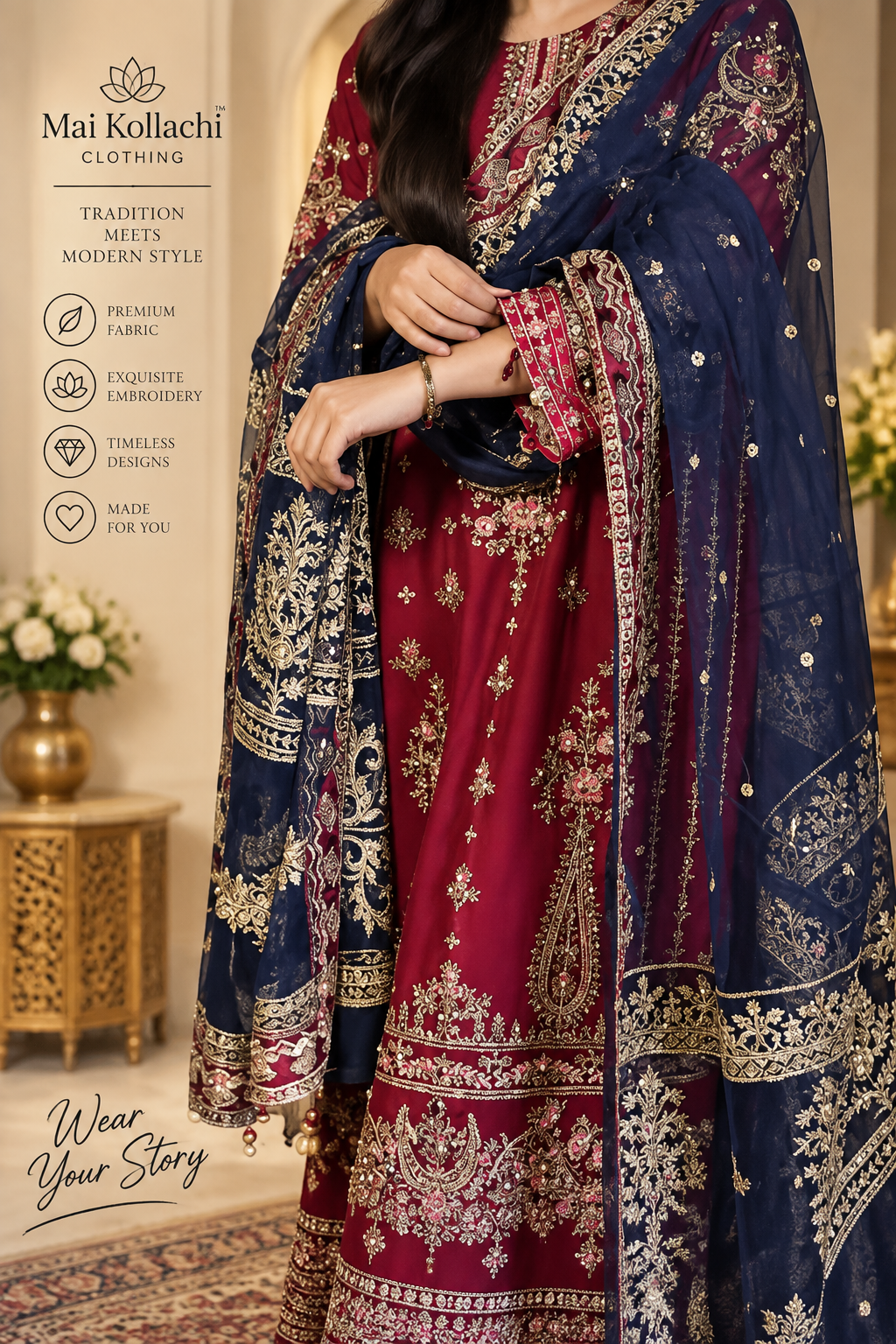 Women's red and navy Pakistani suit with antique gold embroidery