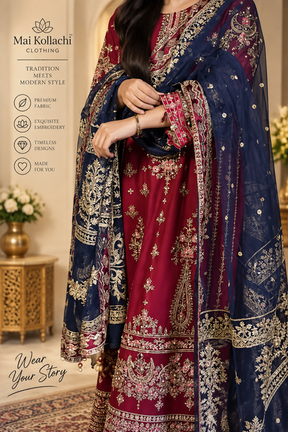 Women's red and navy Pakistani suit with antique gold embroidery