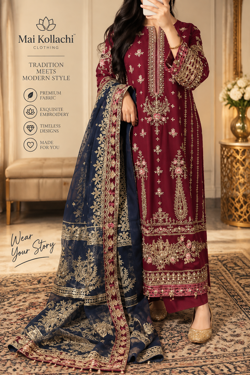 Ruby red embroidered Pakistani suit with gold border detailing