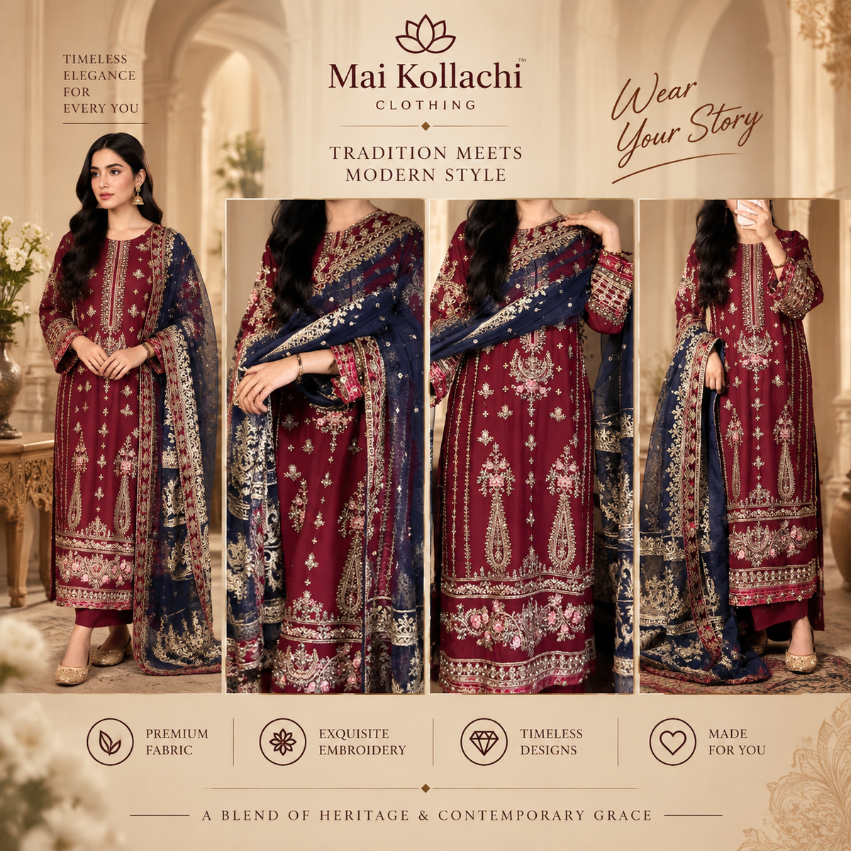 Mai Kollachi red navy blue 3 piece suit for Eid and weddings