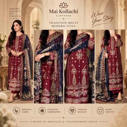 Mai Kollachi red navy blue 3 piece suit for Eid and weddings