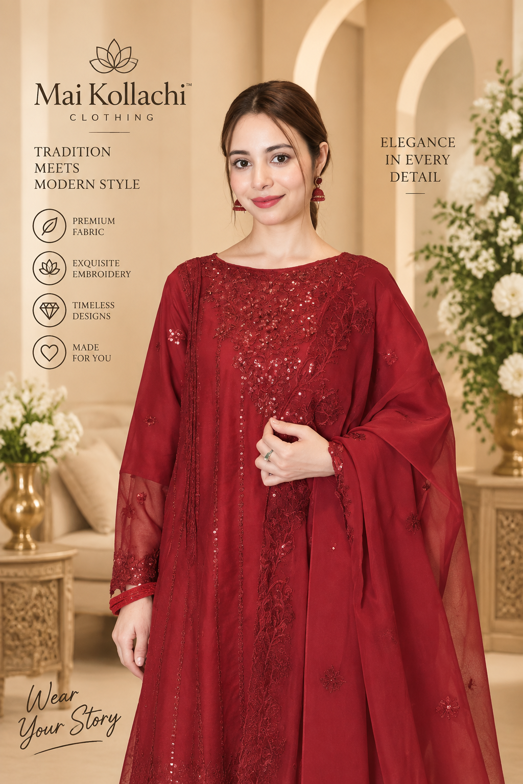 Red deep crimson embroidered 3 piece Pakistani suit by Mai Kollachi