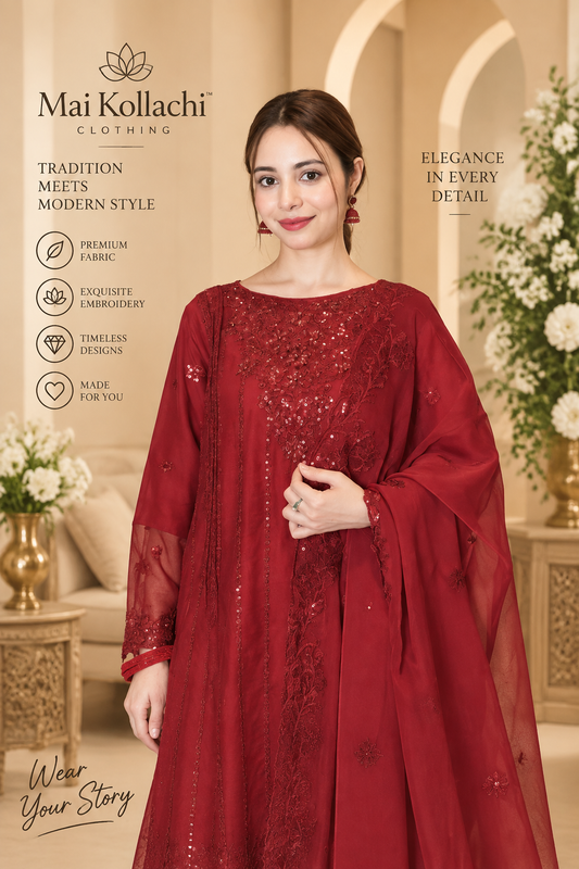 Red deep crimson embroidered 3 piece Pakistani suit by Mai Kollachi