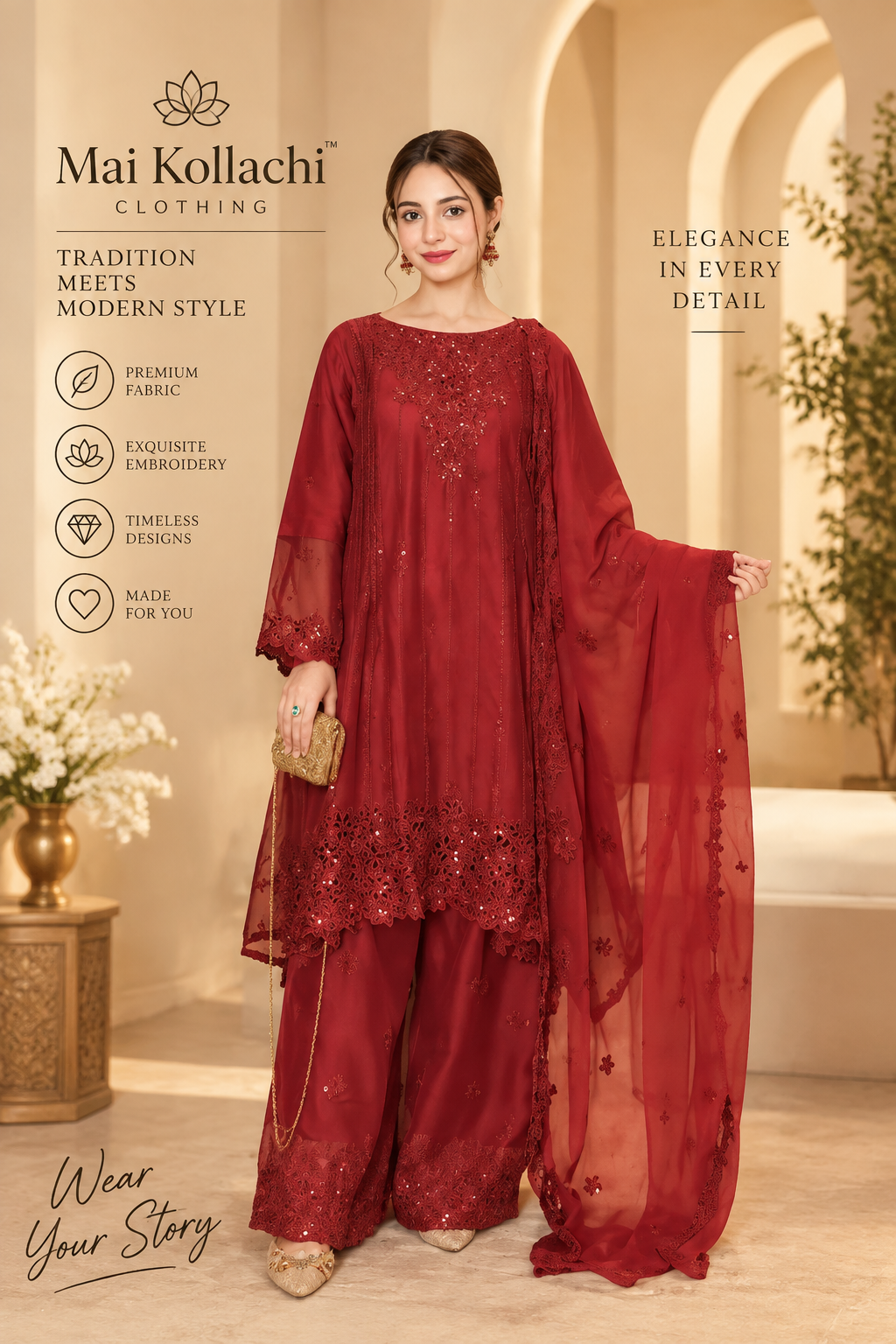 Women's red deep crimson embroidered Pakistani suit with matching dupatta