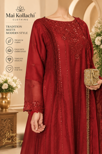 Red deep crimson Pakistani 3 piece party wear suit with embroidered detailing