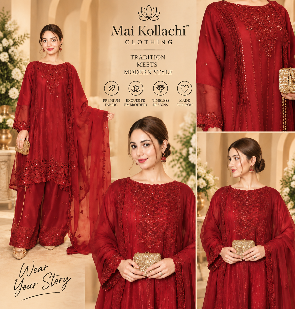 Red deep crimson Pakistani formal suit with embroidered shirt trousers and dupatta
