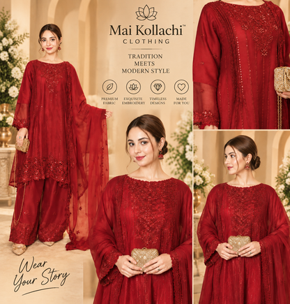 Red deep crimson Pakistani formal suit with embroidered shirt trousers and dupatta