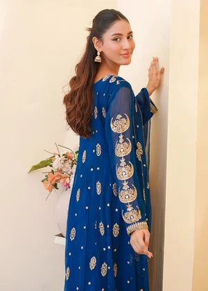 Teal Chiffon Embroidered Anarkali 3 Piece Suit