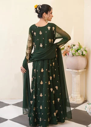 Bottle Green Embroidered Anarkali 3 Piece Suit