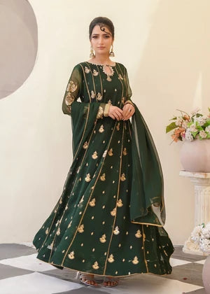 Bottle Green Embroidered Anarkali 3 Piece Suit