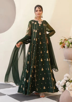 Bottle Green Embroidered Anarkali 3 Piece Suit