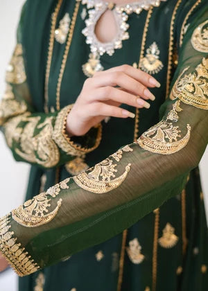 Bottle Green Embroidered Anarkali 3 Piece Suit