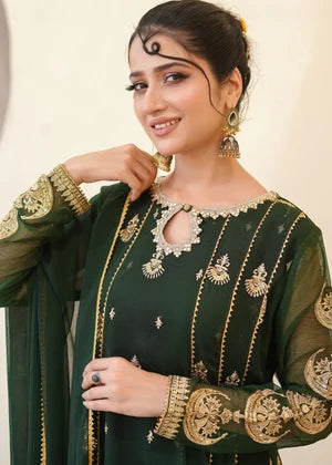 Bottle Green Embroidered Anarkali 3 Piece Suit