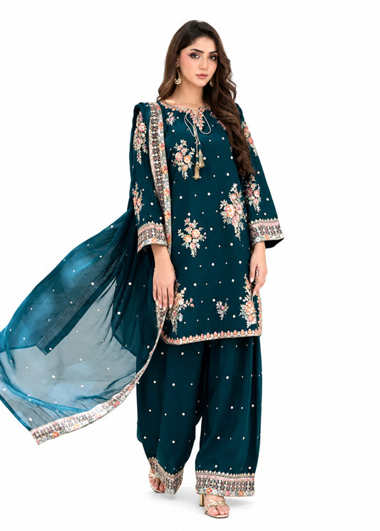 Sea Green Silk Short Kurta 3 Piece Suit